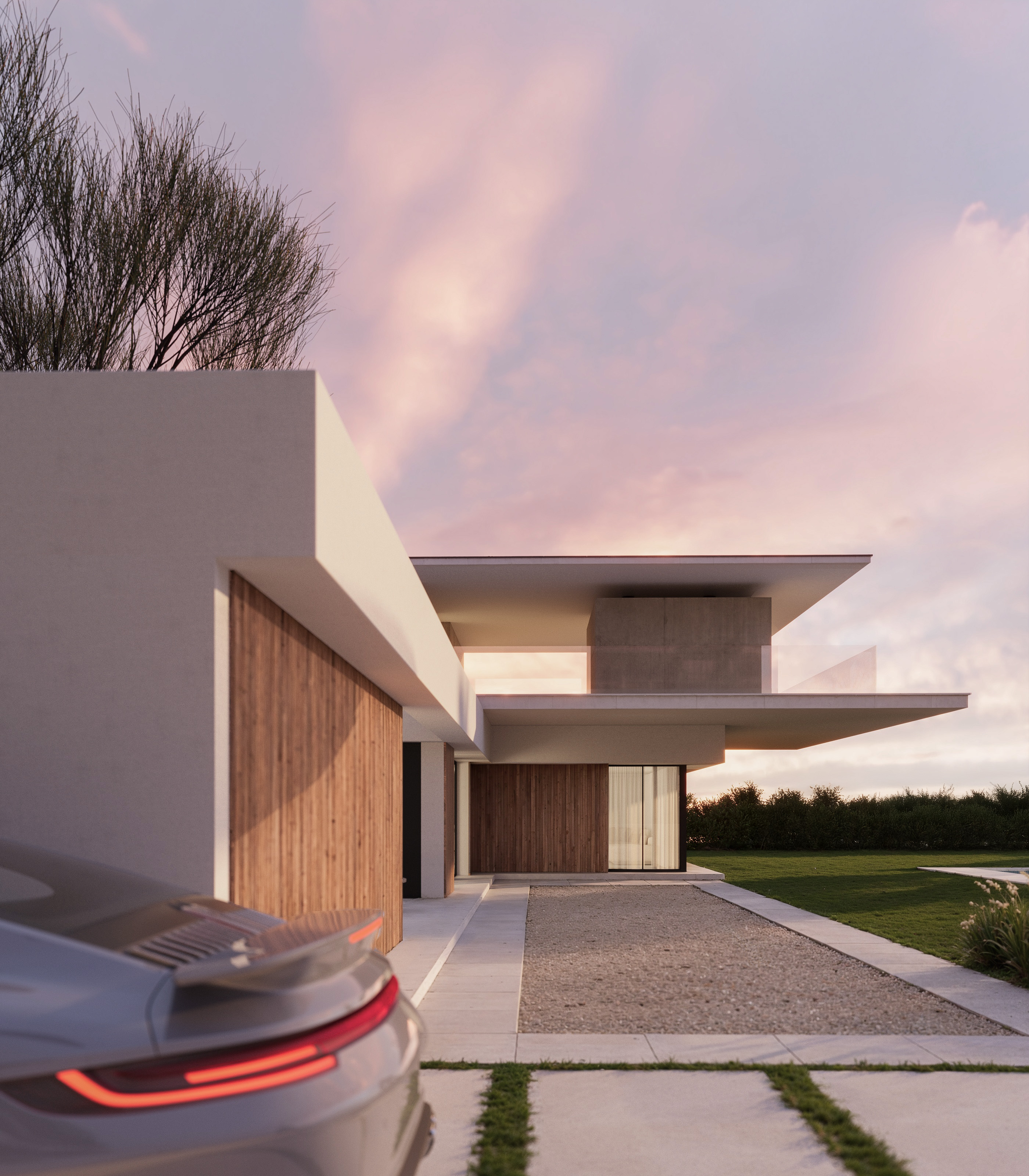 same project, different stories — entrance at sunset