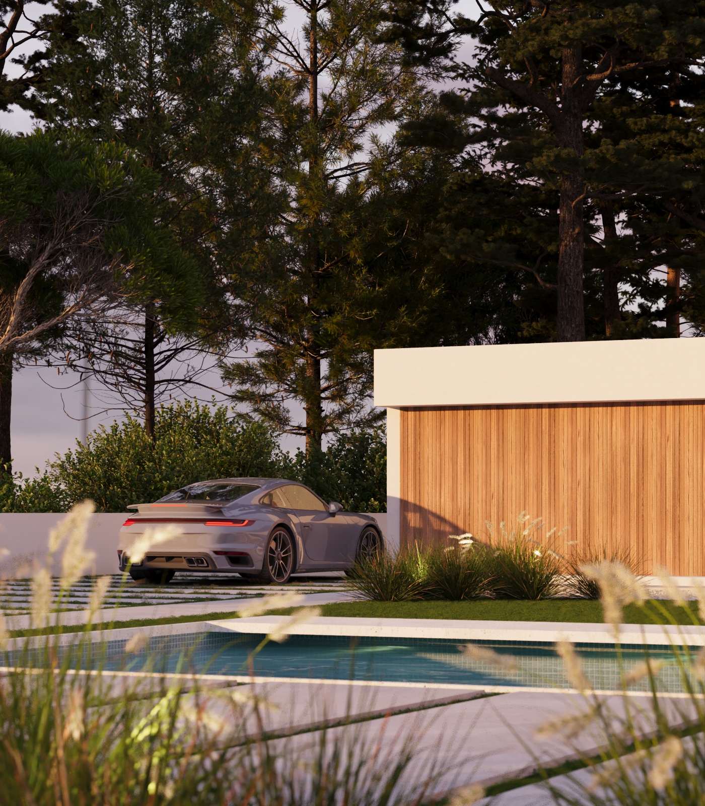 same project, different stories — garden and pool at golden hour