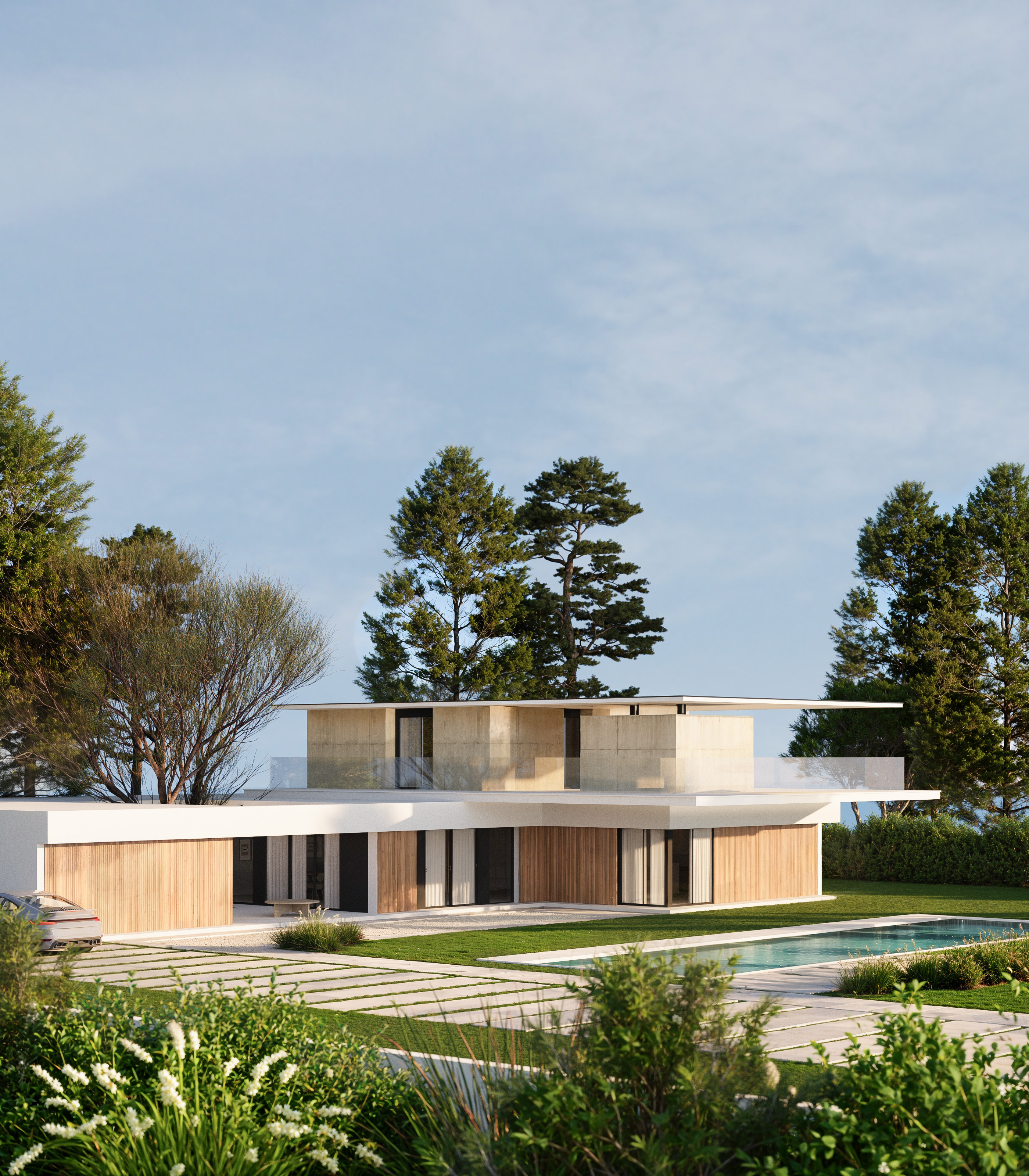 same project, different stories — front facade with pool